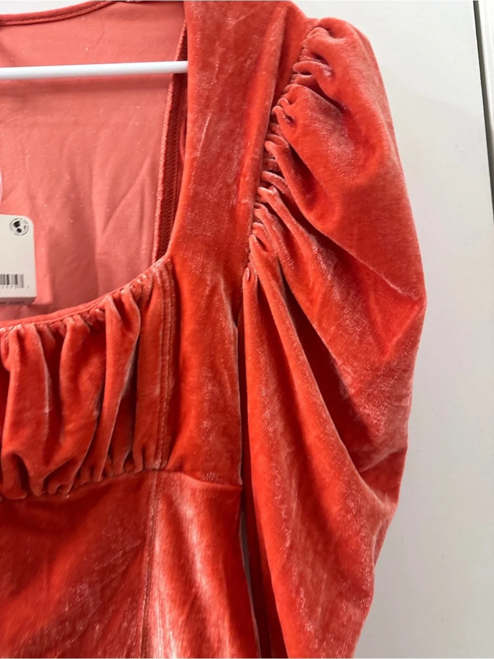 Free People Velvet Puff-Sleeve Square Neck Top in Coral Orange